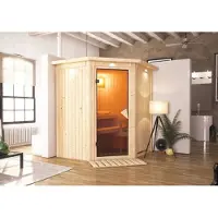 Karibu Sauna Innensauna Tonja Eckeinstieg Ofen 3,6 kW intgr. Strg 184x165x202 cm mit Dachkranz mit Klarglastür