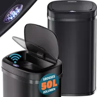 Monzana Mülleimer mit Sensor Küche 50L Edelstahl Automatik Deckel Klemmring inkl. USB-Kabel Abfalleimer Groß Papierkorb LED Anzeige, Farbe:schwarz
