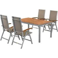Merxx Gartenmöbelset Naxos 5tlg., 4 Klappsessel, 1 Tisch 150 x 90 cm - Aluminium/Textil/Akazie