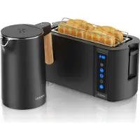 Arendo Frühstücks-Set Edelstahl, Wasserkocher mit Temperatureinstellung 1,5l, 4 Scheiben Langschlitztoaster, 4 Scheiben Toaster, Brötchenaufsatz, Touch, Cool Grey