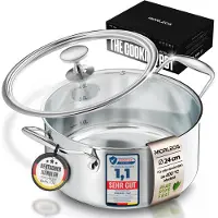 Morleos Suppentopf mit modernem, flachem Glasdeckel, 4,7 Liter Edelstahltopf Ø 24x12 cm - Induktion spülmaschinenfest - 5-Schicht - energiesparender Topf