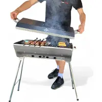 Grillpeter Schaschlikgrill Astana Deluxe Mangal aus rostfreiem Edelstahl mit BBQ Deckel Grillrost Ablage