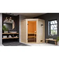 Karibu Sauna Innensauna Antonia Eckeinstieg Ofen 3,6 kW -Ofen externe Strg. easy 145x145x187 cm ohne Dachkranz