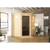 Karibu Sauna Innensauna Tonja Eckeinstieg Ofen 3,6 kW -Ofen externe Strg. easy 184x165x202 cm mit Dachkranz mit Graphittür