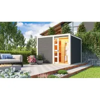 Karibu Saunahaus Außensauna Gartensauna Cuben terragrau lackiert ohne Zubehör 38mm Massivholz 276x276x210 cm