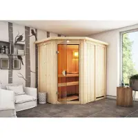 Karibu Sauna Innensauna Saja Eckeinstieg ohne Zubehör 210x165x202 cm mit Dachkranz mit Bronzierter Tür