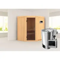 Karibu Sauna Innensauna Tonja Eckeinstieg Ofen 3,6 kW -Ofen externe Strg. easy 170x151x198 cm ohne Dachkranz mit Graphittür