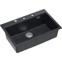 Quadron Spülbecken 1-Becken Spüle | Größe: 76 x 50 x 23,5 cm | MARC 110 | Granitspüle aus GraniteQ mit Siphon + Spender + Platte | Schwarz/Stahl