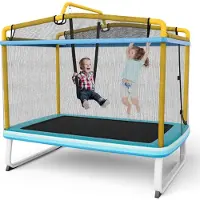 Coast 3 in 1 Kindertrampolin, Gartentrampolin rechteckig mit Schaukel, Reckstange, Fitness Trampolin mit Sicherheitsnetz & Randabdeckung, Indoor-/Outdoortrampolin 190 x 124 x 172 cm Blau + Gelb