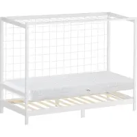 ML-Design Kinderbett Fußballtor 90x200 cm Einzelbett mit Matratze H:16cm Weiß Holzbett mit Lattenrost & Netz Jugendbett aus Kiefernholz Handballtor