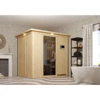Karibu Sauna Innensauna Fanja Fronteinstieg Ofen 3,6 kW externe Strg.easy 210x165x202 cm mit Dachkranz mit Graphittür
