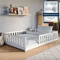 KIDS Collection Bodenbett Bett mit Rausfallschutz & Lattenrost Montessori Bett Kinder Gitterbett Jugendbett weiß mit Matratze Junge Mädchen 140x200cm
