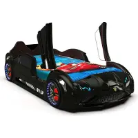 InterDesign Bullet Kinderbett Rennwagen Schwarz 90x190 cm mit LED, Sound & Türen als Rausfallschutz