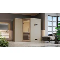 Karibu Sauna Innensauna Sahib 2 Eckeinstieg ohne Zubehör 236x184x208 cm ohne Dachkranz mit Klarglastür