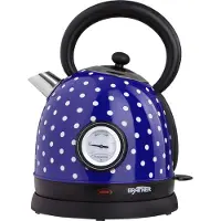 Grafner Retro Wasserkocher mit Temperaturanzeige, 2200 Watt, 1,8 Liter, Edelstahl-Korpus, Wunschfarbe, entnehmbarer Kalkfilter, kabellos, Überhitzungsschutz, BPA-Frei, Cool-Touch (Pünktchen blau)