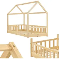 Juskys Kinderbett Marli 90 x 200 cm mit Matratze, Lattenrost & Dach - Holz Natur