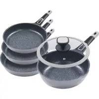 King 5tlg. Profi-Bratpfannenset »Moonscape 4er« GRAU Bratpfannen flach (Ø20cm Ø24cm Ø28cm) + Bratpfanne tief (Ø28cm) mit Glasdeckel