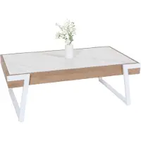 Mendler Couchtisch MWC-L89, Sofatisch Wohnzimmertisch, Eisen 43x120x64cm Sinterstein Marmor-Optik weiß Holz natur
