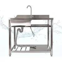 Lemodo Spültisch freistehend, Wasserhahn mit Kalt Warm Anschluss, Spülbecken Größe L