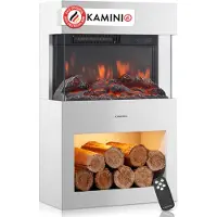 KAMINIO Elektrokamin HENRI - Elektrischer Kaminofen mit Heizung, 3D-Flammeneffekt, Holzfach, LED-Ambientelicht, Fernbedienung - Weiß