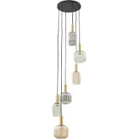 LINDBY Hängeleuchte Doroteo, 6-flg., grün/amber/grau, Glas