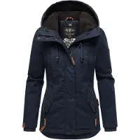 MARIKOO Bikoo Damen Winterjacke mit Kapuze Parka Mantel Anorak Teddyfell Futter Navy Gr. 34 - XS