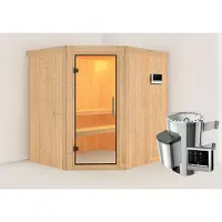 Karibu Sauna Innensauna Lilja Eckeinstieg Ofen 3,6 kW externe Strg.easy 196x170x198 cm ohne Dachkranz mit Klarglastür