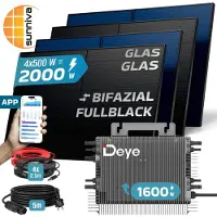 SUNNIVA 2000W Balkonkraftwerk BIFAZIAL FULLBLACK komplett Steckdose DEYE 1600W Wechselrichter, PV Solaranlage, 5m Kabel, Bluetooth WIFI