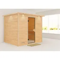 Karibu Sauna Innensauna Sonara Fronteinstieg ohne Zubehör 259x210x206 cm mit Dachkranz mit Bronzierter Tür
