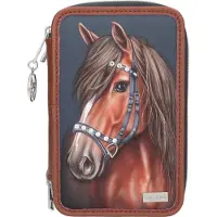 Depesche 13688 Miss Melody Luxury Horse - Gefüllte 3-Fach Federtasche in Dunkelblau und Braun, mit Pferde Motiv und Glitzersteinen, Federmappe mit Buntstiften, Schere, Lineal UVM.