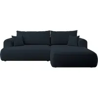 Selsey Ovo - Ecksofa mit Schlaffunktion, Bettkasten, Ottomane rechts, Easy-Clean-Veloursbezug in Dunkelblau