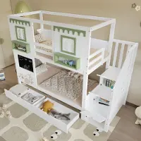 MODFU Etagenbett Holzbett 90x200 mit kleinem Lochbrett-Bereich und Stauraum,Kinderbett mit 2 Rollschubladen Kinderzimmer Kiefer,Mit Matratze,Weiß+Grün