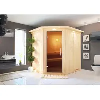 Karibu Sauna Innensauna Lilja Eckeinstieg ohne Zubehör 210x184x202 cm mit Dachkranz mit Graphittür