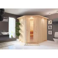 Karibu Sauna Innensauna Lilja Eckeinstieg Ofen 3,6 kW externe Strg.easy 210x184x202 cm mit Dachkranz mit Energiespartür
