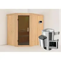 Karibu Sauna Innensauna Saja Eckeinstieg Ofen 3,6 kW externe Strg.easy 196x151x198 cm ohne Dachkranz mit Graphittür