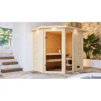 Karibu Sauna Innensauna Jada Eckeinstieg Ofen 9 KW externe Strg easy 224x159x191 cm mit Dachkranz