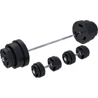 Gorilla Sports Hantelset - 130kg, Langhantelstange 170cm, 2 Kurzhanteln, 30mm, 20 Hantelscheiben aus Kunststoff, mit Sternverschlüssen - Langhantel