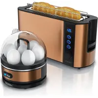 Arendo - SET Toaster FRUKOST mit Eierkocher SEVENCOOK Edelstahl Kupfer, Toaster 2 Scheiben, LED-Display, 6 Bräunungsgrade, Brötchenhalter - Eierkocher 1-7 Eier, Messbecher