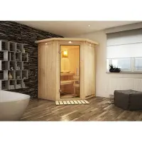 Karibu Sauna Innensauna Nanja Eckeinstieg Ofen 3,6 kW -Ofen externe Strg. easy 165x165x202 cm mit Dachkranz mit Klarglastür