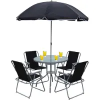 VCM 6-teilig Gartenmöbel Set, Gartentisch Ø 75 cm mit Glasplatte, 4 Stühle & Sonnenschirm, Metall & Textilene, Outdoor geeignet - Maxola