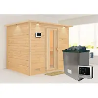 Karibu Sauna Innensauna Sonara Fronteinstieg Ofen 9 KW externe Strg easy 259x210x206 cm mit Dachkranz mit Energiespartür