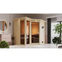 Karibu Sauna Innensauna Amara Eckeinstieg Ofen 9 KW externe Strg easy 264x198x214 cm mit Dachkranz