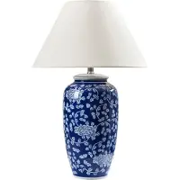 Beliani Tischlampe Blau und Weiß Porzellansockel Leinenschirm Trommelförmig mit Blumendesign Beleuchtung Schlafzimmer Wohnzimmer