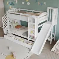 OKWISH Etagenbett 90x200 Kinderbett mit Bilderbuchregal,Doppelbett mit zwei Schubladen auf Rollen und Kinderrutsche,Bettgestell mit Treppenaufbewahrungs,Weiß(mit Matratze)