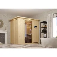 Karibu Sauna Innensauna Fanja Fronteinstieg Ofen 3,6 kW intgr. Strg 210x165x202 cm mit Dachkranz mit Klarglastür