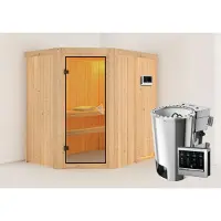 Karibu Sauna Innensauna Saja Eckeinstieg Ofen 3,6 kW -Ofen externe Strg. easy 196x151x198 cm ohne Dachkranz mit Bronzierter Tür