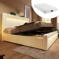 MODFU Doppelbett 180x200 Polsterbett mit Stauraum und LED-Beleuchtung,Bettgestell mit USB- & Type-C-Ladeanschlüsse,Mit Matratze,Beige