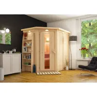 Karibu Sauna Innensauna Saja Eckeinstieg ohne Zubehör 210x165x202 cm mit Dachkranz mit Energiespartür