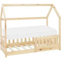 ML-Design Kinderbett 70x140 cm mit Matratze, Rausfallschutz, Dach und Lattenrost, Natur, Hausbett aus Kiefernholz Bodenbett Holzbett