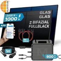 SUNNIVA 1000W Balkonkraftwerk BIFAZIAL FULLBLACK komplett Steckdose MARSTEK 800W Wechselrichter, PV Solaranlage, 5m Kabel, Bluetooth WIFI